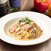 Three kinds of mushrooms with porcini cream