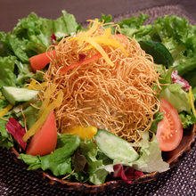 Salad topped with crispy fried noodles