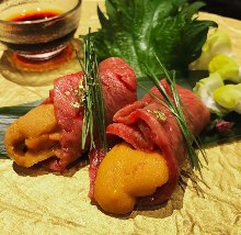 Wagyu beef and raw sea urchin roll