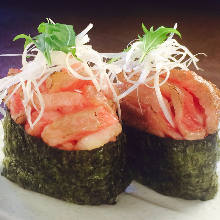 Beef gunkan sushi rolls