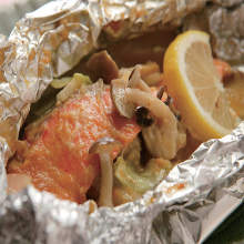 Steamed salmon and vegetables with miso sauce