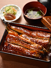 Extra premium eel served over rice in a lacquered box