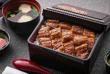 Eel served over rice in a lacquered box Showa One eel