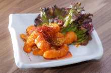 Shrimp with chili sauce and mayonnaise