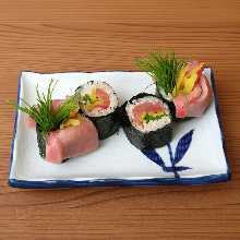 Fatty tuna and pickled radish sushi rolls