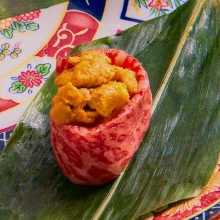 Meat-wrapped sea urchin gunkan