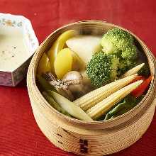 Assorted steamed vegetables with original dipping sauce