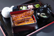 Regular eel served over rice in a lacquered box The size of the eel is a whole tail