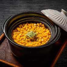 Donabe Gohan (rice in an earthen pot)with corn and tuna