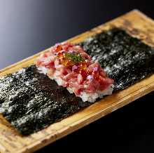 Hida Beef Yukhoe and Salmon Roe Hand-Rolled Sushi