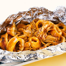 Grilled squid and mushrooms in foil