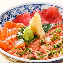 Tuna, salmon, and negitoro (tuna paste with green onion) rice bowl