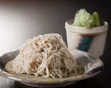 Buckwheat noodles served on a bamboo strainer