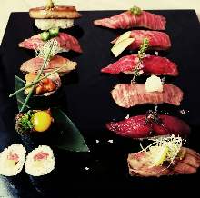 Assortment of 5 premium beef nigiri sushi