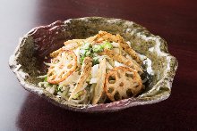 Okra, nameko mushroom and Chinese yam salad