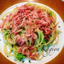 Pasta with sakura shrimp and raw laver seaweed