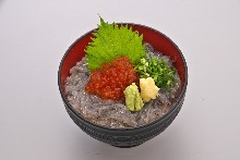 Salmon roe rice bowl topped with whitebait