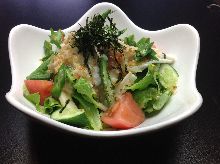 Okra, nameko mushroom and Chinese yam salad