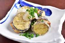 deep-fried eggplant with chicken mince sandwiched between it