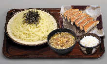 Gyoza and Ramen noodles with dipping sauce meal set