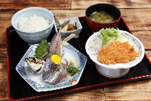 Deep-fried horse mackerel and sashimi meal set
