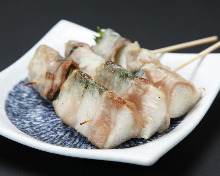 Grilled pork-wrapped Japanese yam and shiso skewer