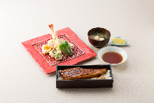 Eel over rice in a laquered box with tempura set Eel over rice in a laquered box with tempura set