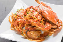 Tomato cream sauce pasta with Japanese blue crab