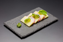 Cheese kamaboko with wasabi and soy sauce