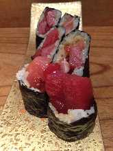 Fatty tuna and pickled radish sushi rolls