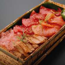 Super Rich Assortment of Seasoned Wild Bluefin Tuna Bento (Box sushi)