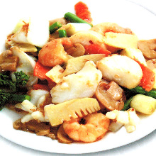 Stir-fried shrimp, squid, and scallops with XO sauce