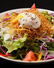 Salad topped with crispy fried noodles