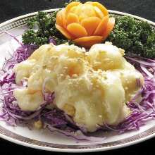 Fried shrimp dressed with mayonnaise