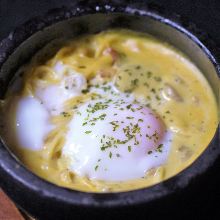 Stone grilled carbonara with soft-boiled egg