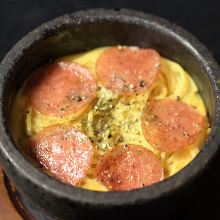 Stone grilled carbonara with pepper salami