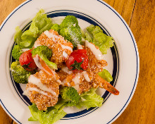 Fried shrimp dressed with mayonnaise