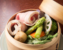 Steamed pork and seasonal vegetables