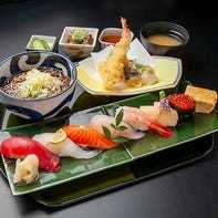 Soba noodles, tempura, and 7 pieces of nigiri sushi