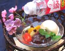 Cream anmitsu (agar gelatin with fruits, sweet red bean paste, and whipped cream)