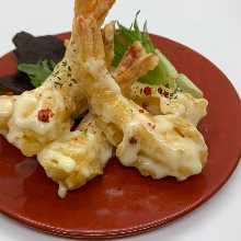 Fried shrimp dressed with mayonnaise