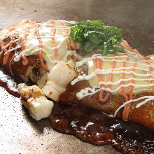 Spicy marinated cod roe, mochi, and cheese okonomiyaki