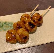 Tare-grilled chicken meatball skewer