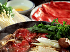 Hot pot of sukiyaki with meat vegetables