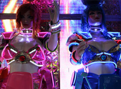 A pink and blue robot at the Shinjuku Robot Restaurant Tokyo