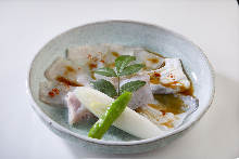 Platter of three kinds of grilled puffer fish