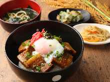 Simmered cubed meat rice bowl Small bowl  Tsukemono  Miso soup included