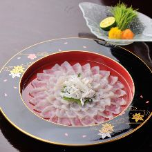 Thinly sliced pufferfish sashimi