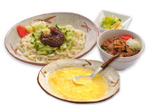 Ja ja men (noodles topped with ground meat) and miso rice bowl set