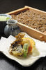 Buckwheat noodles served on a bamboo strainer with vegetable tempura